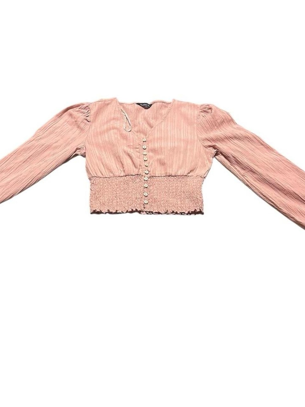 Cropped Smocked Waist Long-Sleeve Blouse in Dusty Pink